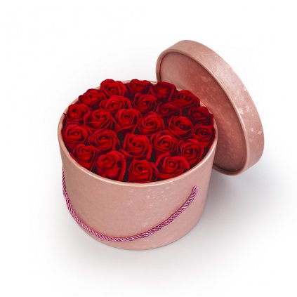 červené mýdlové růže - 23ks, růžový flower box