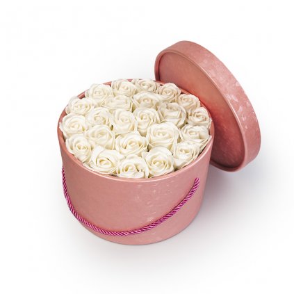 bílé mýdlové růže - 23ks, růžový flower box