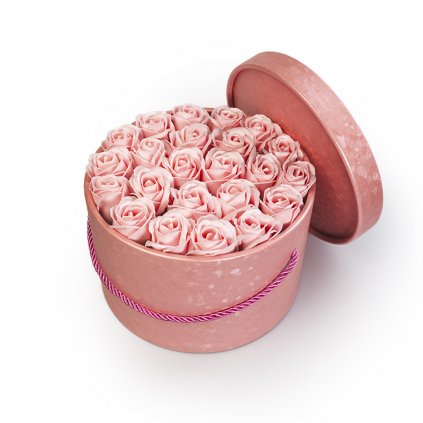pastelově růžové mýdlové růže - 23ks, růžový flower box