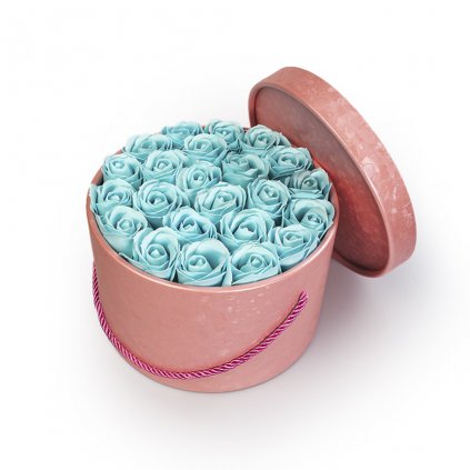 pastelově modré mýdlové růže - 23ks, růžový flower box