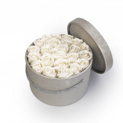 bílé mýdlové růže - 23ks, stříbrný flower box