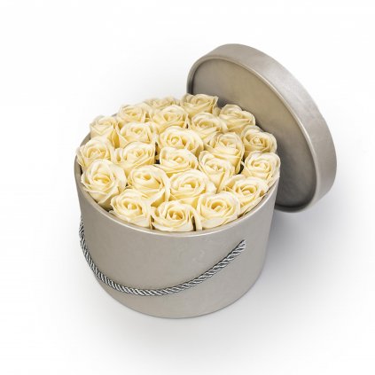 krémové mýdlové růže - 23ks, stříbrný flower box