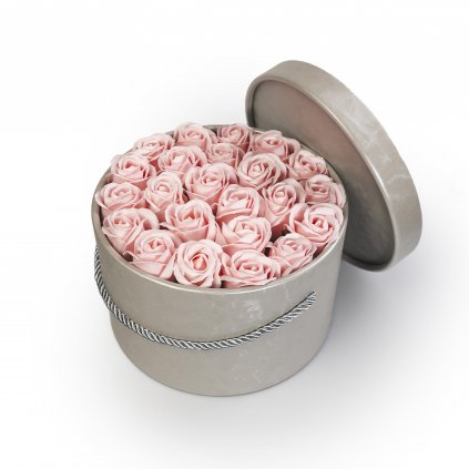 pastelově růžové mýdlové růže - 23ks, stříbrný flower box