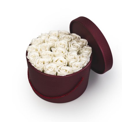 bílé mýdlové růže - 23ks, bordó flower box