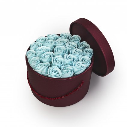 pastelově modré mýdlové růže - 23ks, bordó flower box