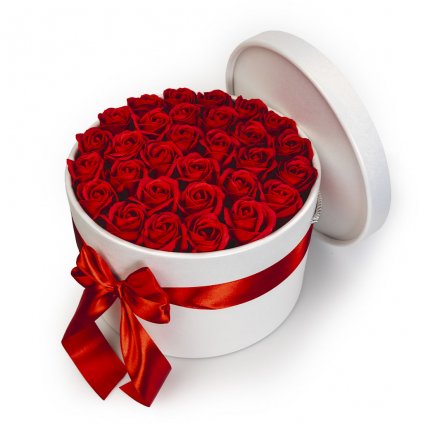 Červené mýdlové růže v květinovém bílém boxu - 29 růží