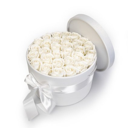 Bílé mýdlové růže v květinovém bílém boxu - 29 růží