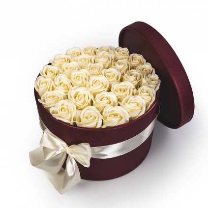 Krémové mýdlové růže v květinovém bordó boxu - 29 růží