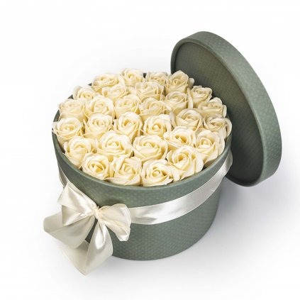 Krémové mýdlové růže v květinovém khaki boxu - 29 růží