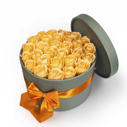 Broskvové mýdlové růže v květinovém khaki boxu - 29 růží