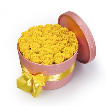 Žluté mýdlové růže v růžovém flower boxu - 29 růží