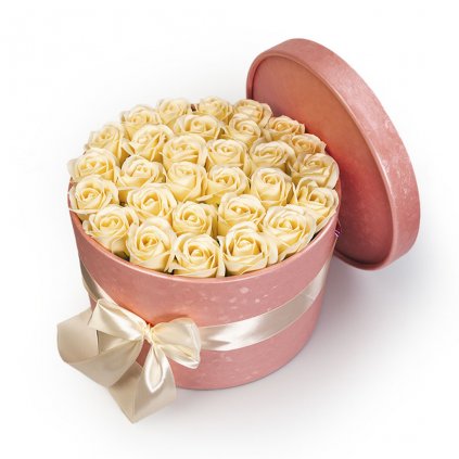 Krémové mýdlové růže v růžovém flower boxu - 29 růží