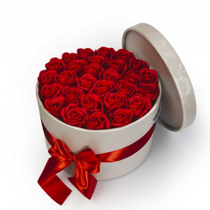 Červené mýdlové růže v květinovém stříbrném boxu - 29 růží