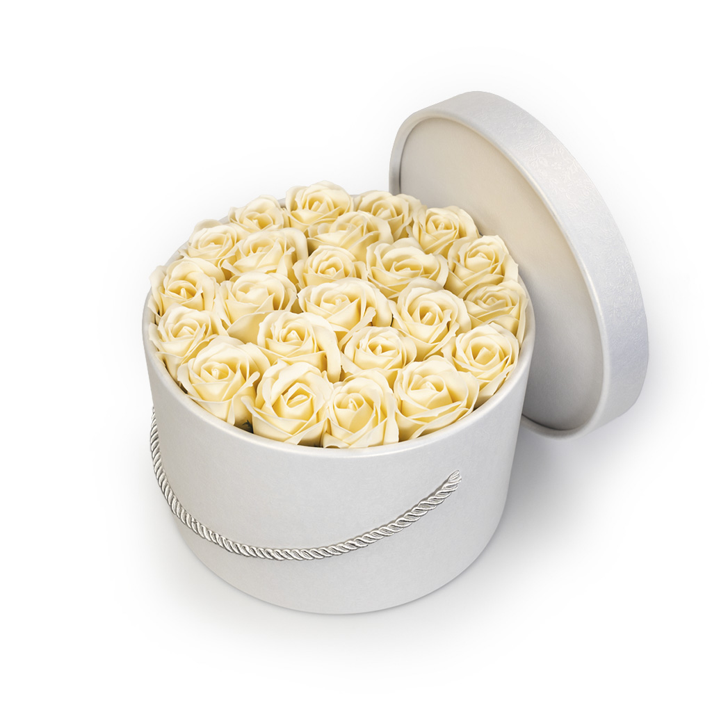 Happylu.cz Mýdlové růže ve flower boxu - krémové růže Zvolte počet růží: 23 růží - Ø 22 cm x 15 cm