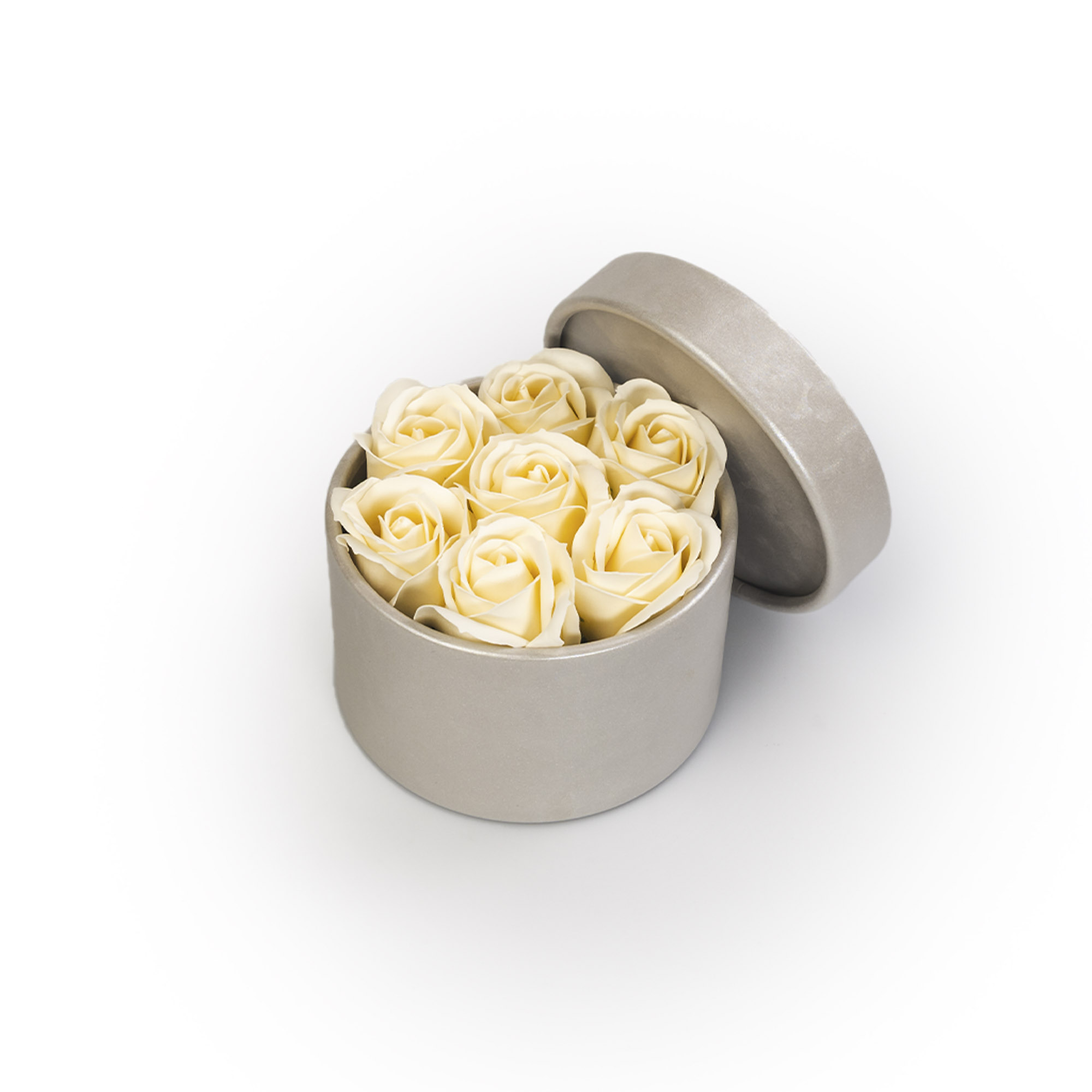 Happylu.cz Mýdlové růže ve stříbrném flower boxu - krémové růže Počet růží: 7 růží