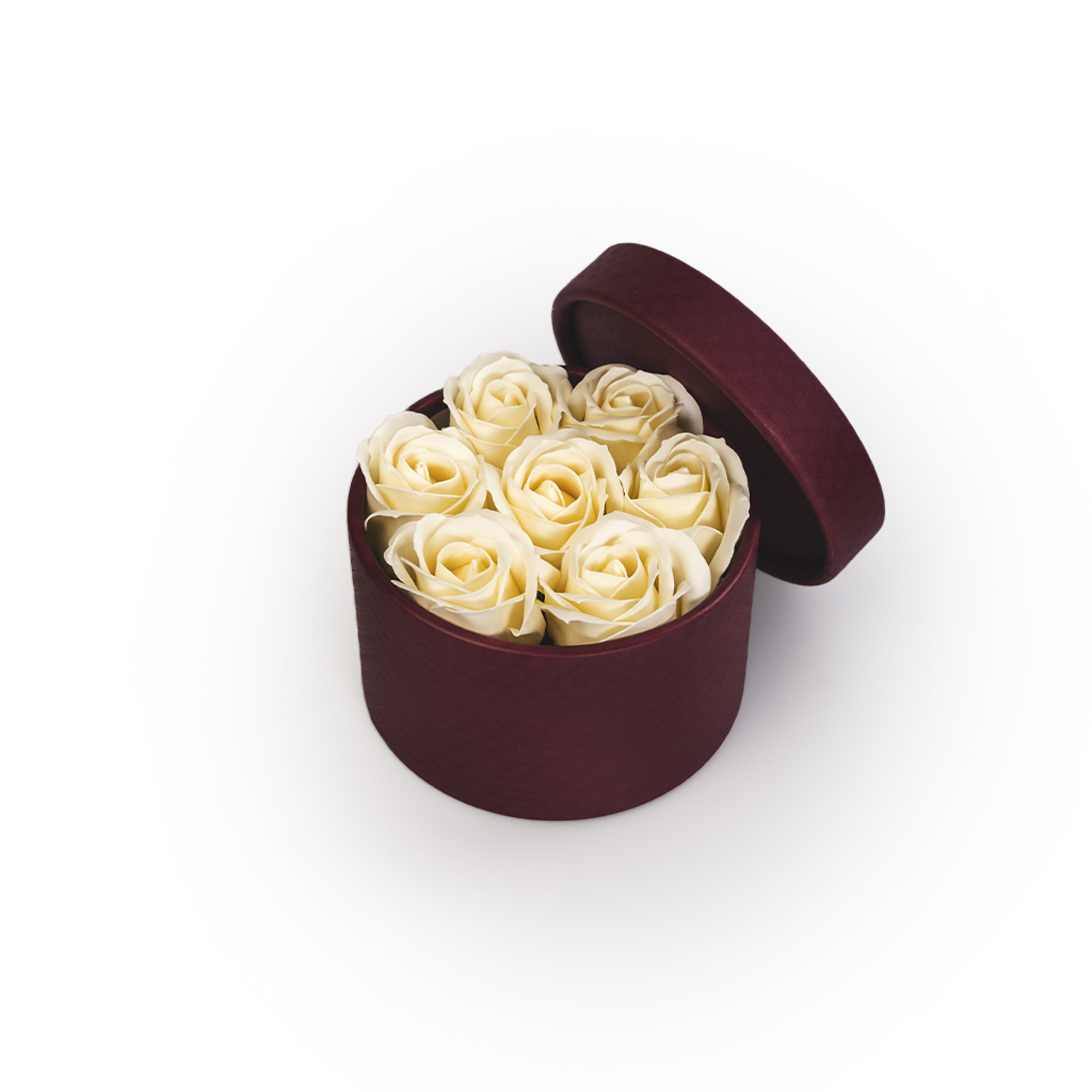 Happylu.cz Mýdlové růže v bordó flower boxu - krémové růže Zvolte počet růží: 7 růží - Ø 13 cm x 9 cm