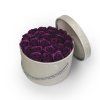 Mýdlové růže ve stříbrném flower boxu - tmavě fialové růže
