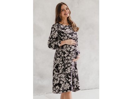 Těhotenské a kojící šaty Lovely Dress Midi, dlouhý rukáv, černá vzor