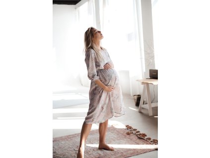Těhotenské a kojící šaty Lovely Dress Midi, 3 4 rukáv, šedá s květinami