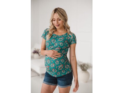 Těhotenská a kojící halenka Milk Shirt, krátký rukáv, zelená s květinami