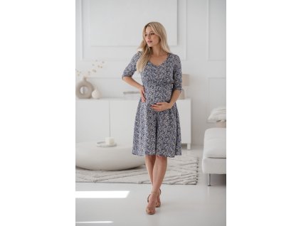 Těhotenské kojící šaty Lovely Dress Midi s 3 4 rukávy, vzor květiny, fialová a modrá