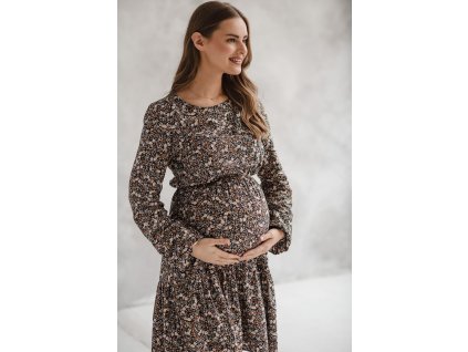 Těhotenské a kojící šaty Lovely Dress, dlouhý rukáv, černá vzor květiny