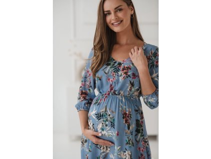Těhotenské a kojící šaty Lovely Dress s 3 4 rukávem, modré s květinami
