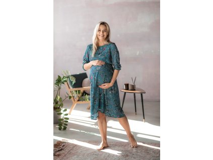 Těhotenské a kojící šaty Lovely Dress Midi, 3 4 rukáv, tyrkysová vzor