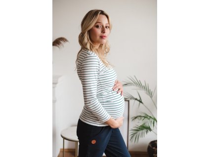 Těhotenská a kojící halenka Milk Shirt se zelenými a bílými pruhy, 7 8 rukáv