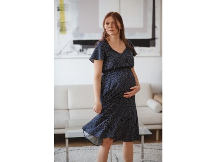 Těhotenské a kojící šaty Lovely Midi Dress s krátkým rukávem, tmavě modrá s puntíky