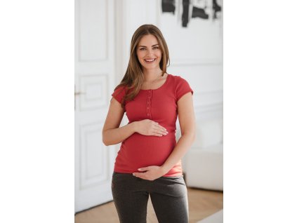 Těhotenská a kojicí halenka Tummy, krátký rukáv, žebrovaná, brusinková