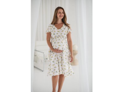 Těhotenské a kojicí šaty Lovely Dress Midi, krátký rukáv, bílé s citronovým motivem