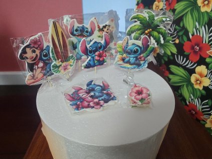 Jedlá dekorace Lilo & Stitch – tropický dortový set s postavičkami a květy – Lilo & Stitch Cake Toppers