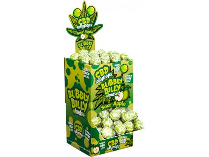 baf0a43dec2caa5e1ddad9e4681ac1be bubbly billy buds 10mg cbd sour apple lollies with bubblegum inside display container 100 lollies 1