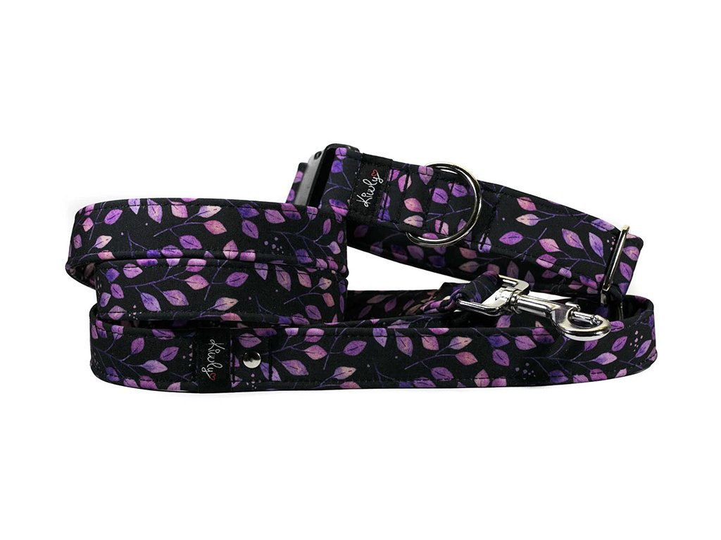 Obojek HAPPYZOO BY KIWLY softshell Fialové lístečky 2,5x27-40cm