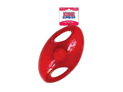 Hračka KONG Jumbler míč rugby s rukojetí a tenisákem (L/XL) 21cm (MIX BAREV)