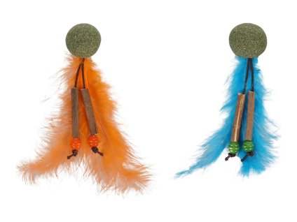 Hračka pro kočky FLAMINGO - Boleo míček s peřím, catnipem a matatabi 14x3x3cm (MIX BAREV)