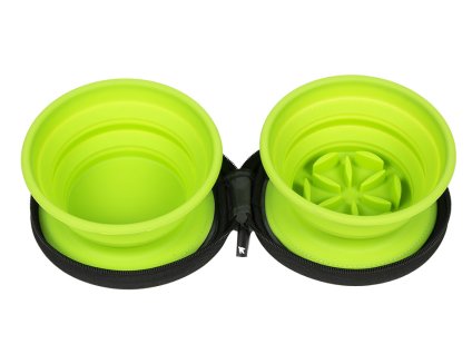 Cestovní silikonová dvojmiska KIWI WALKER Travel Slowfeeder Double Bowl zelená 16,5cm