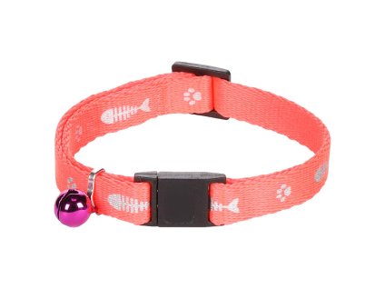 Obojek pro kočky FLAMINGO Ziggi růžový s kostrou ryby a tlapkou 20-35x1cm (s rolničkou)