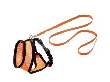 Postroj s vodítkem na kočku FLAMINGO Harms (M) oranžovočerný 1x110cm
