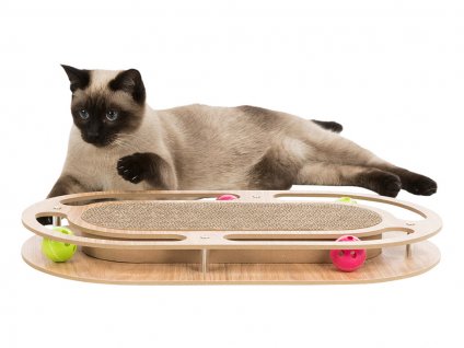 Hračka pro kočky TRIXIE - škrábací karton v dřevěném rámu s catnipem a hračkami 45x4x25cm