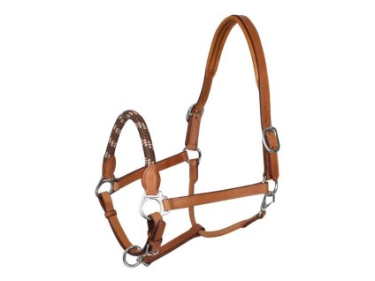 Kožená ohlávka ACAVALLO s provázkovým nánosníkem cognac COB