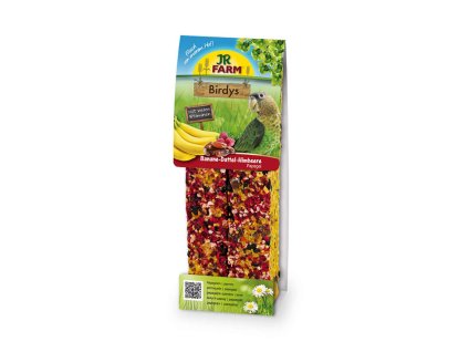 JR FARM Birds tyčinka pro papoušky s banány, datlemi a malinami 260g