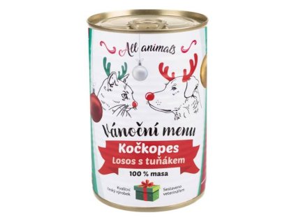 Vánoční konzerva ALL ANIMALS Kočkopes losos mletý s tuňákem pro kočky a psy 400g (DOPRODEJ)
