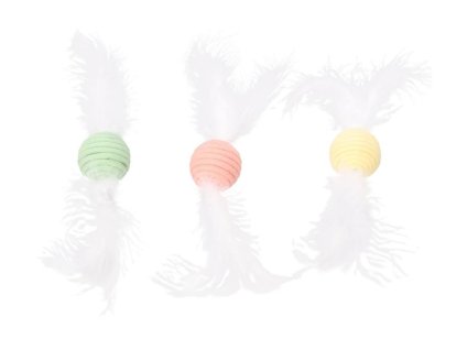 Hračka pro kočky FLAMINGO - Poppy míček s peřím 23x4,5cm (MIX BAREV)