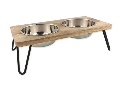 Nerezové misky DOG FANTASY v dřevěném stojánku železné nohy 2x840ml