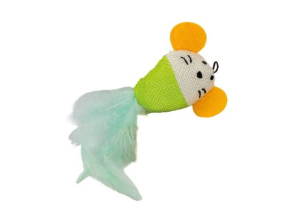 Hračka pro kočky HIPHOP textil - ušatá myš s rolničkou a peřím 9cm