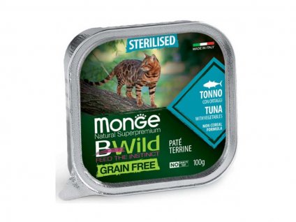 Paštika MONGE Cat BWild Grain Free Sterilised tuňák se zeleninou 100g