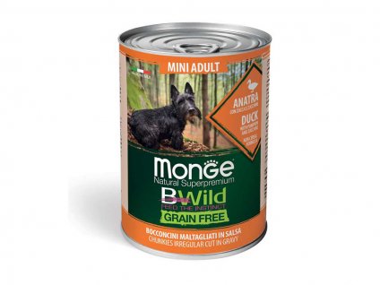 Konzerva MONGE Dog BWild Adult Mini Grain Free kachní kousky v omáčce s dýní a cuketou 400g