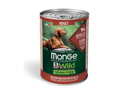Konzerva MONGE Dog BWild Adult Grain Free jehněčí kousky v omáčce s dýní a cuketou 400g